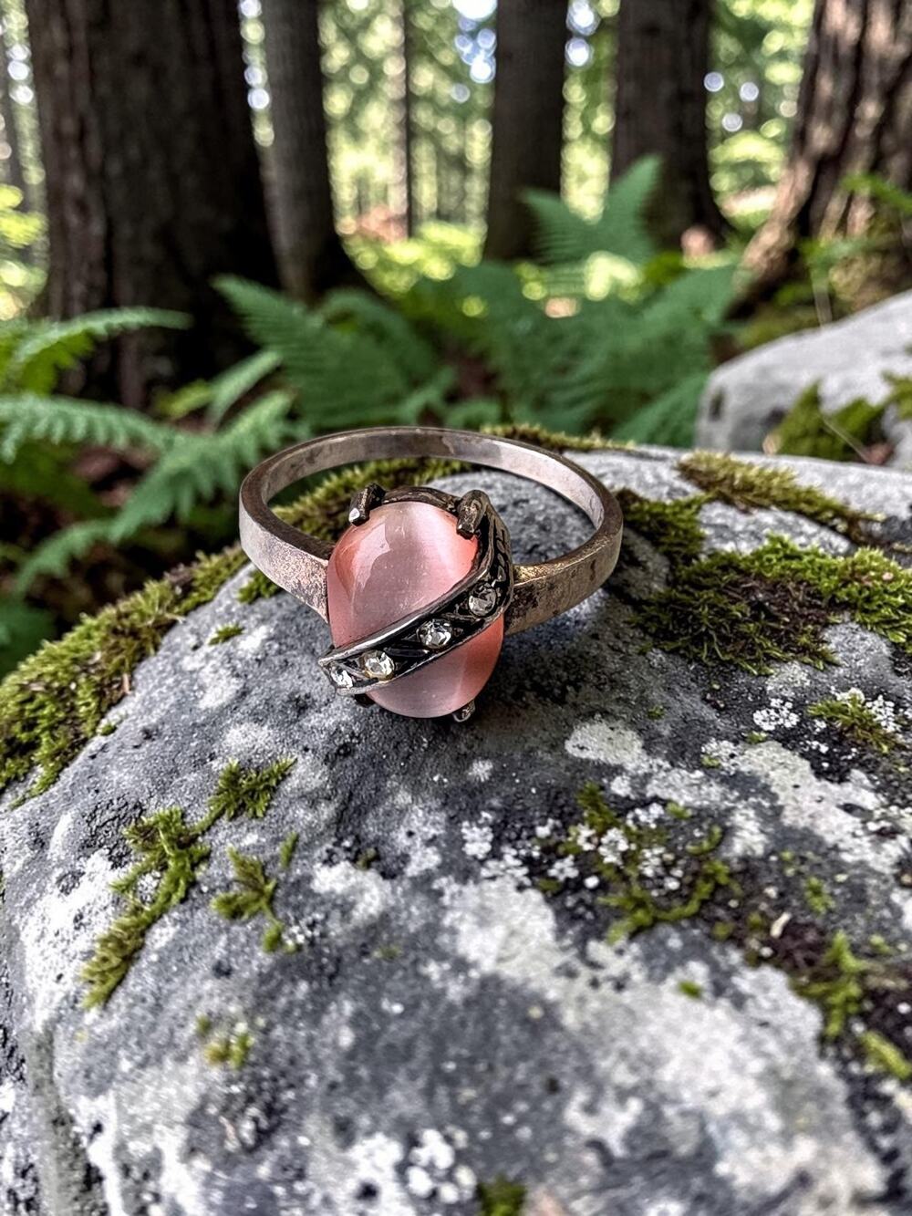 Vintage Silver Ring with Pink Stone and Rhinestones Distinctive Twisted Design